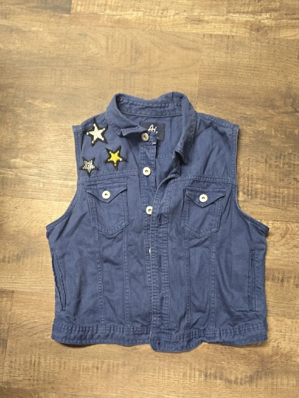Authentic Icon Navy Star Appliqué Denim Vest With Pockets